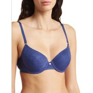 Natori Bra 36DDD Blue Sheer Jacquard Floral Lace Full Fit Contour Underwire